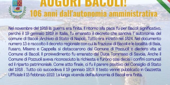 106° anniversario dall’autonomia amministrativa di Bacoli: il programma delle celebrazioni